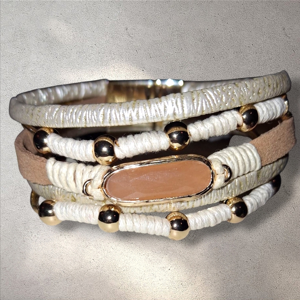 Pair Boho Leather Wrap Magnetic Bracelets In Tan, Cream And Gold EUC - Picture 11 of 12
